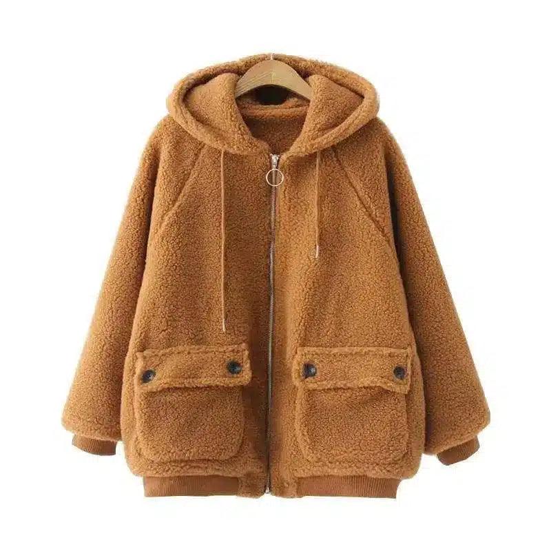 Loose Hooded Warm Lamb Fur Jacket-brown-4