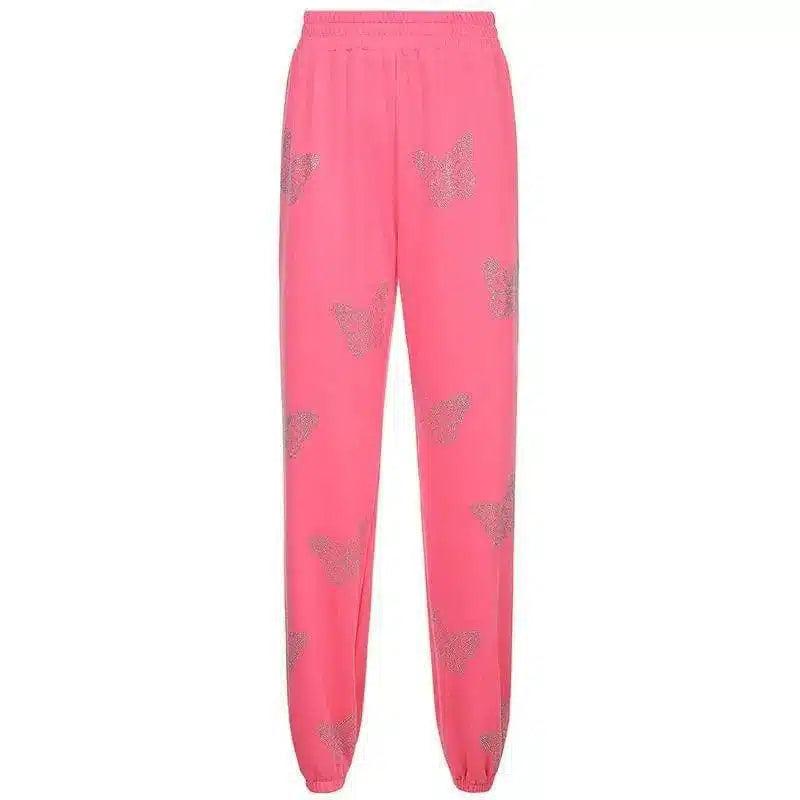 Women's Butterfly Embroidered Tracksuit Set-Pants pink-7