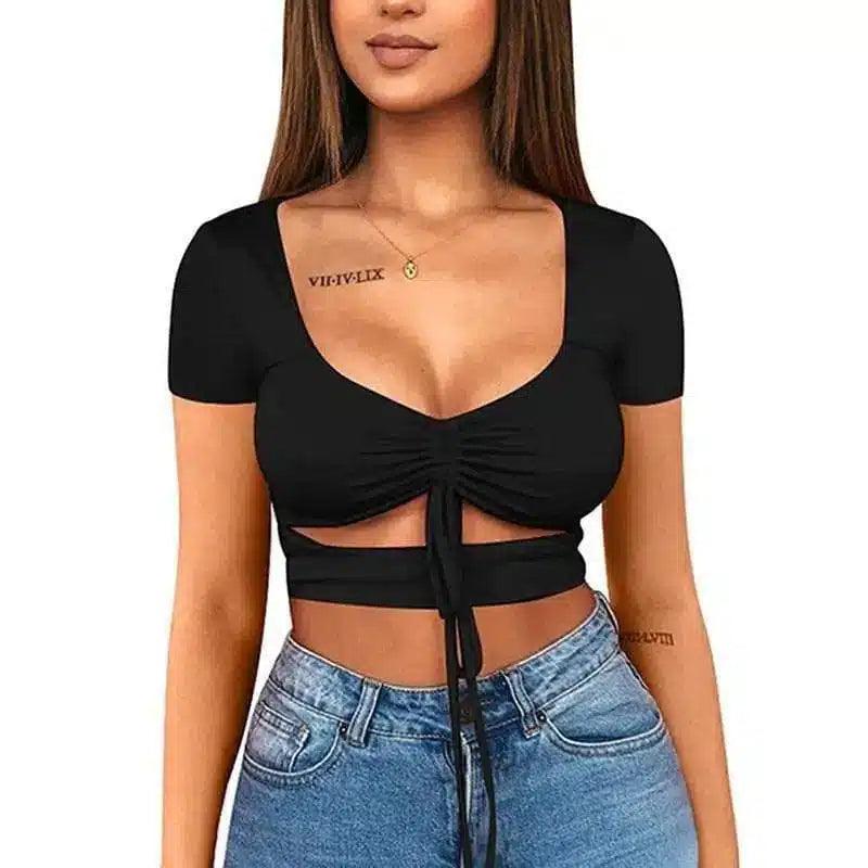 Tie-Front Crop Top with Short Sleeves-Black-2