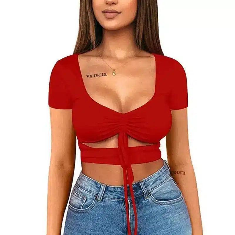 Tie-Front Crop Top with Short Sleeves-Red-3