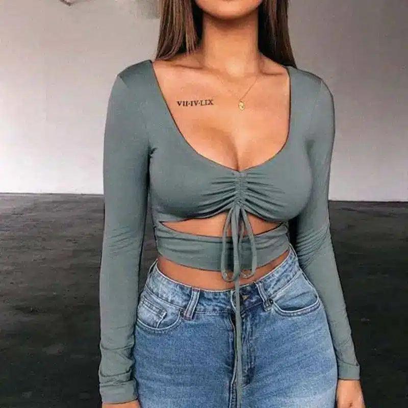 Tie-Front Crop Top with Short Sleeves-Grey-4