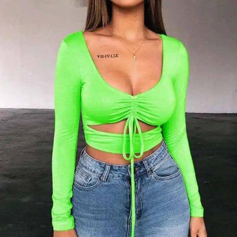 Tie-Front Crop Top with Short Sleeves-Green-5