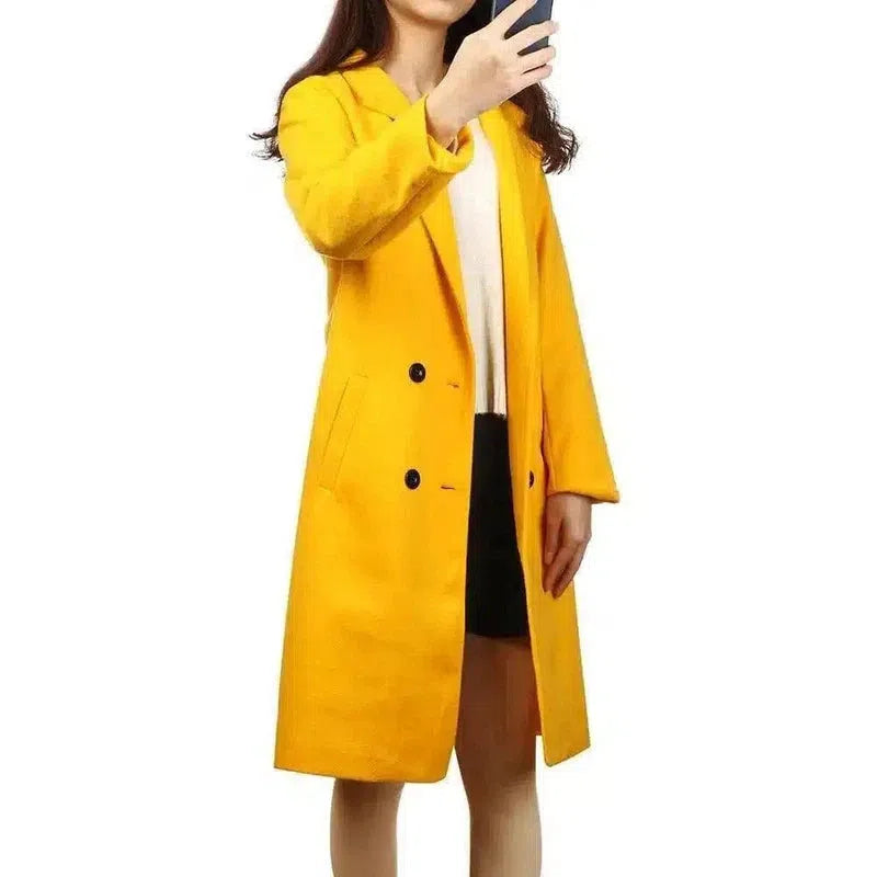 Women's Mid-Length Buttoned Coat-yellow-2