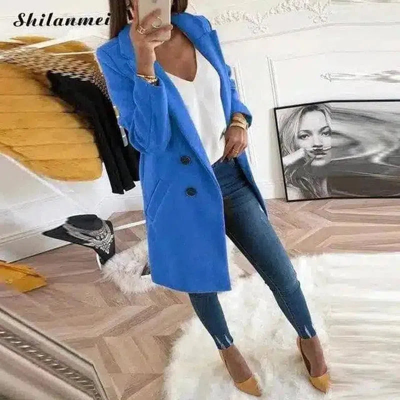 Women's Mid-Length Buttoned Coat-blue-3