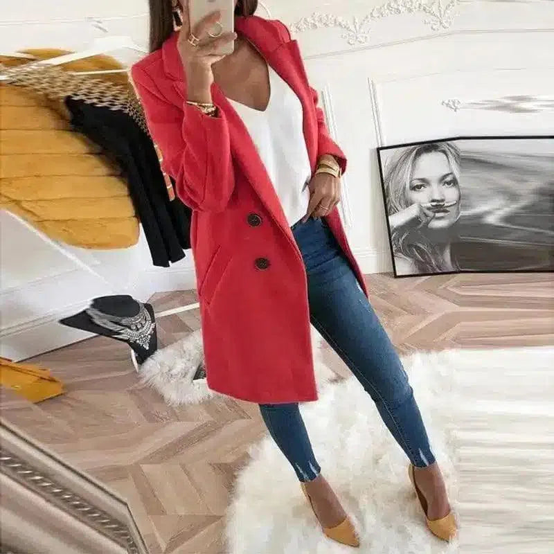 Women's Mid-Length Buttoned Coat-Red-4