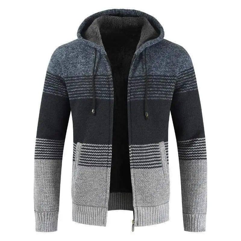 Men Hooded Stripe Coat Cardigan Male Thick Zipper Wool-Blue-2
