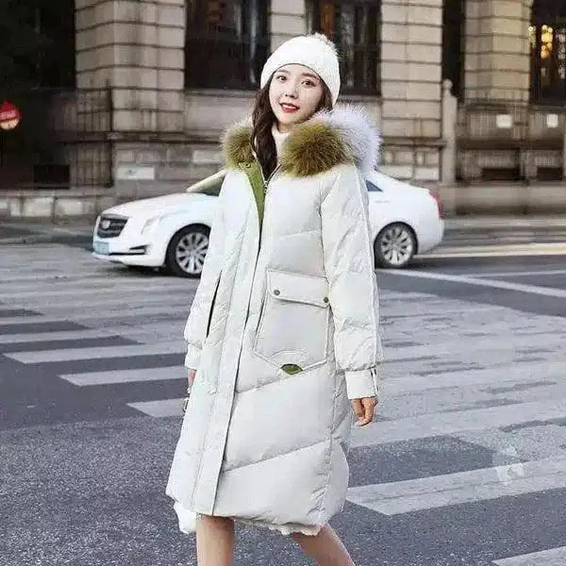 Winter Coat with Fur Hood for Women-White-2