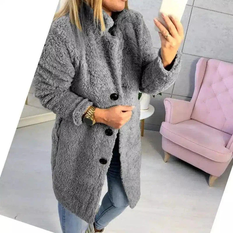 Women's Buttoned Fleece Coat-Grey-2