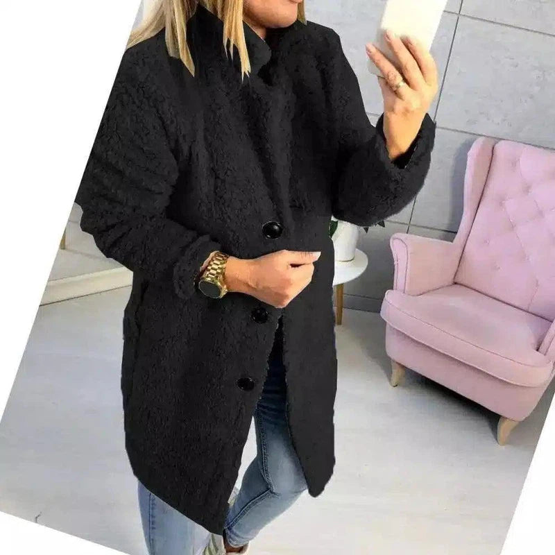 Women's Buttoned Fleece Coat-Black-3