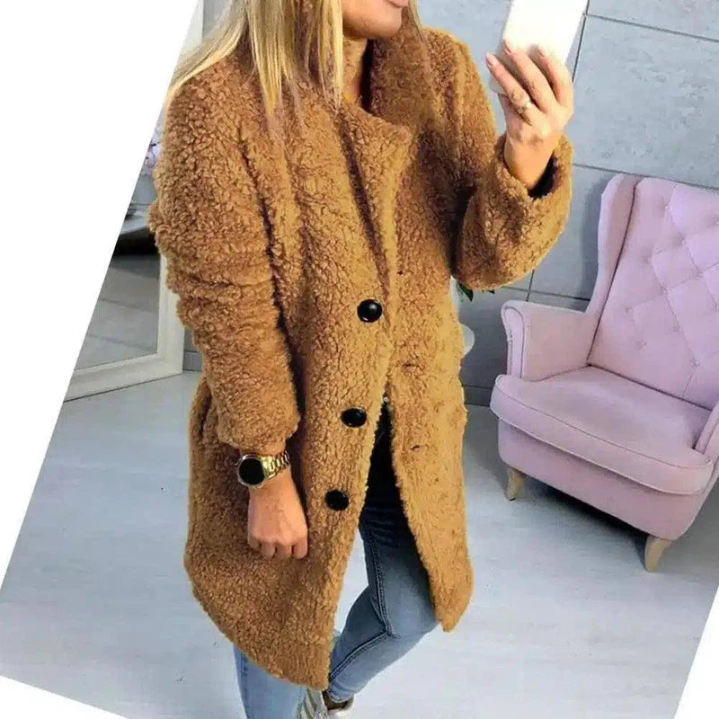 Women's Buttoned Fleece Coat-Yellow-4