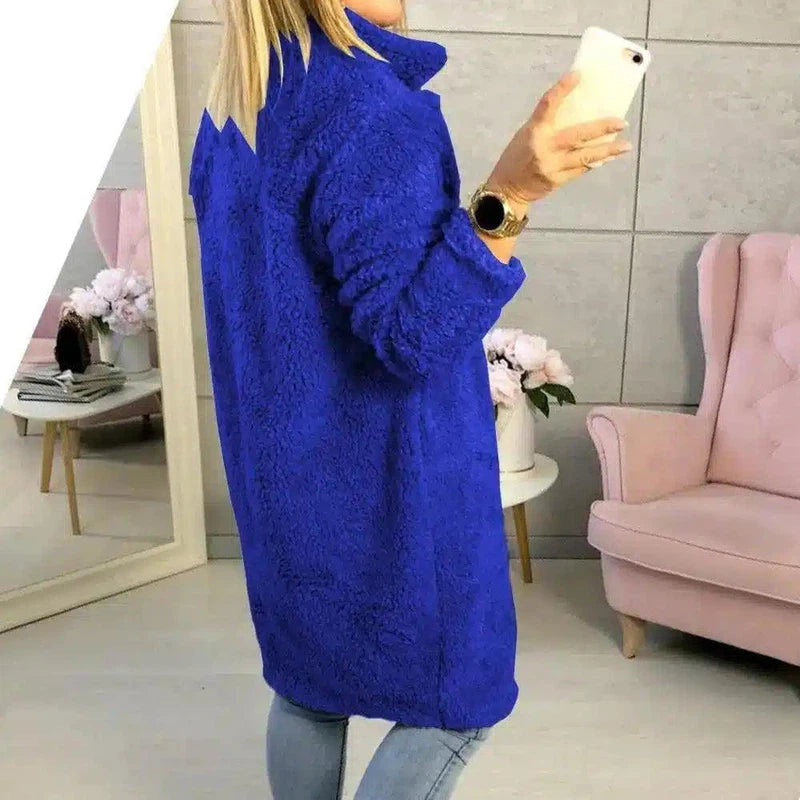 Women's Buttoned Fleece Coat-Blue-5