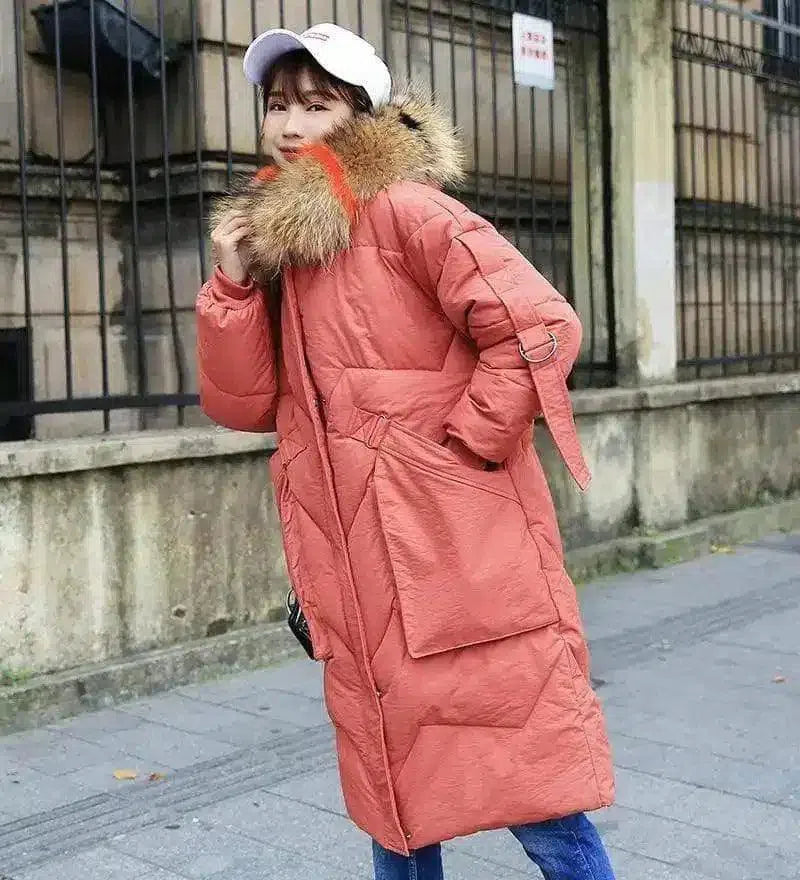 Winter Parka with Fur Hood for Women-Red yellow-2