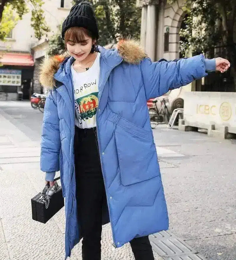 Winter Parka with Fur Hood for Women-Blue yellow-3
