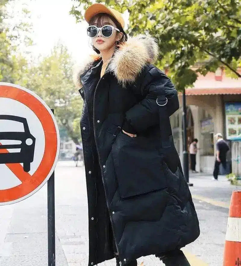Winter Parka with Fur Hood for Women-Black and yellow-4