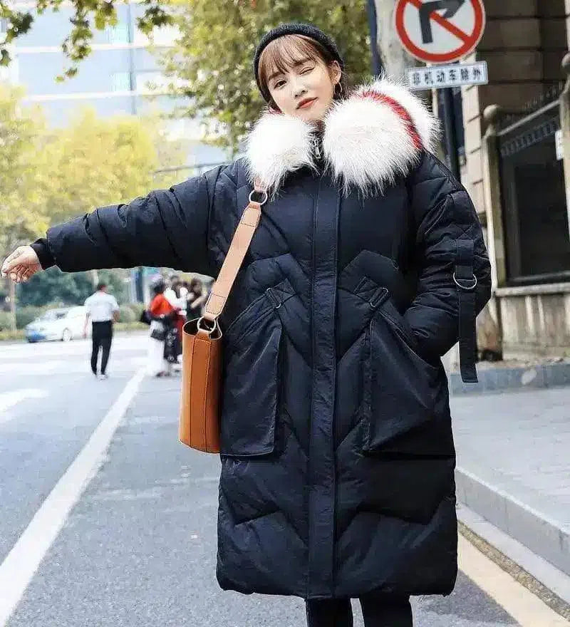 Winter Parka with Fur Hood for Women-Black and white-5