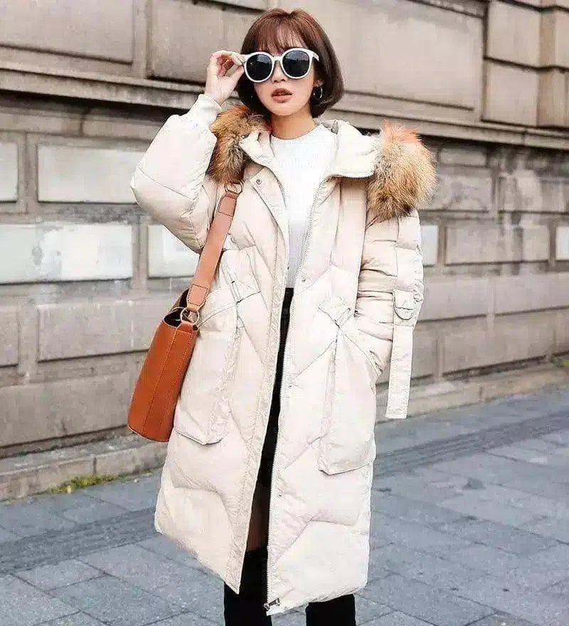 Winter Parka with Fur Hood for Women-White yellow-7
