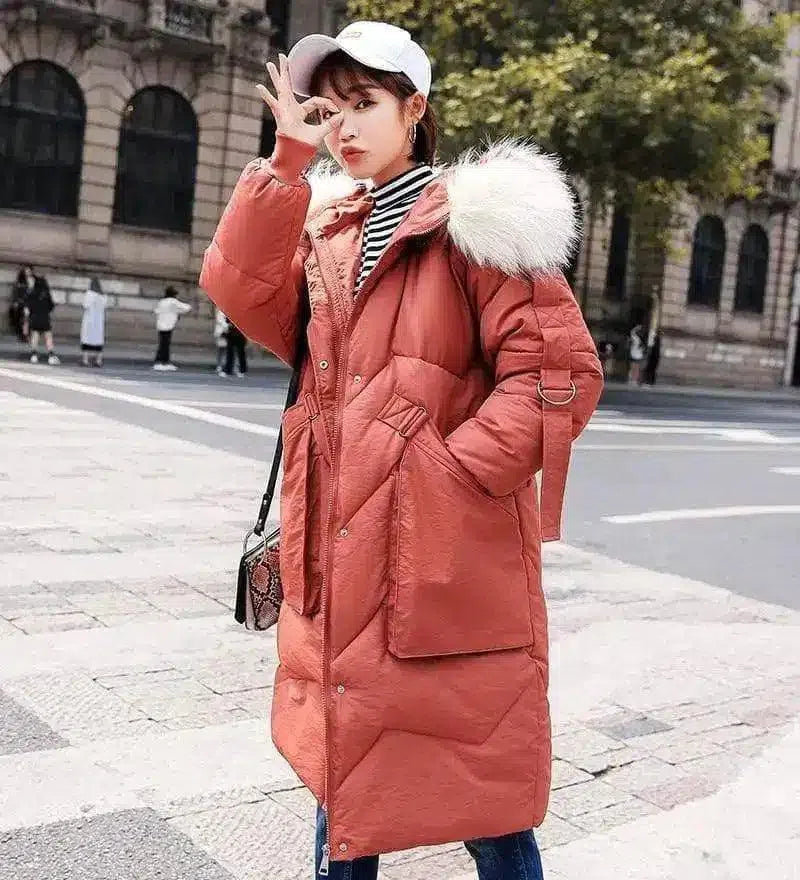 Winter Parka with Fur Hood for Women-Red and white-8