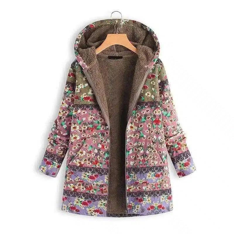 Women's Hooded Floral Winter Coat-Pink-2