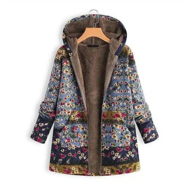 Women's Hooded Floral Winter Coat-Blue-3