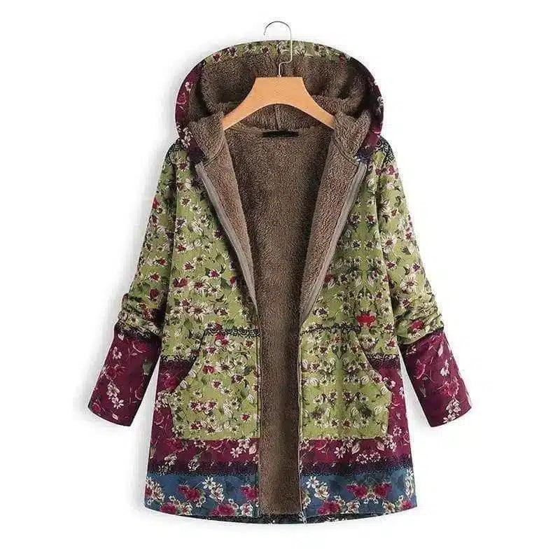Women's Hooded Floral Winter Coat-Green-4