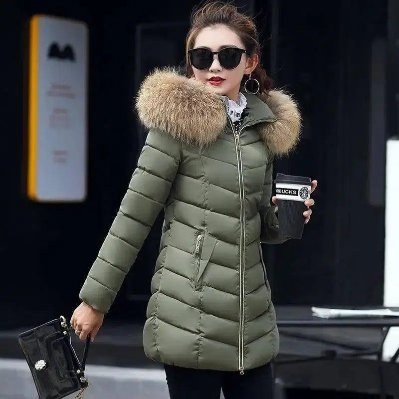 Mid-length slim cotton jacket large fur collar down jacket-Army green-3