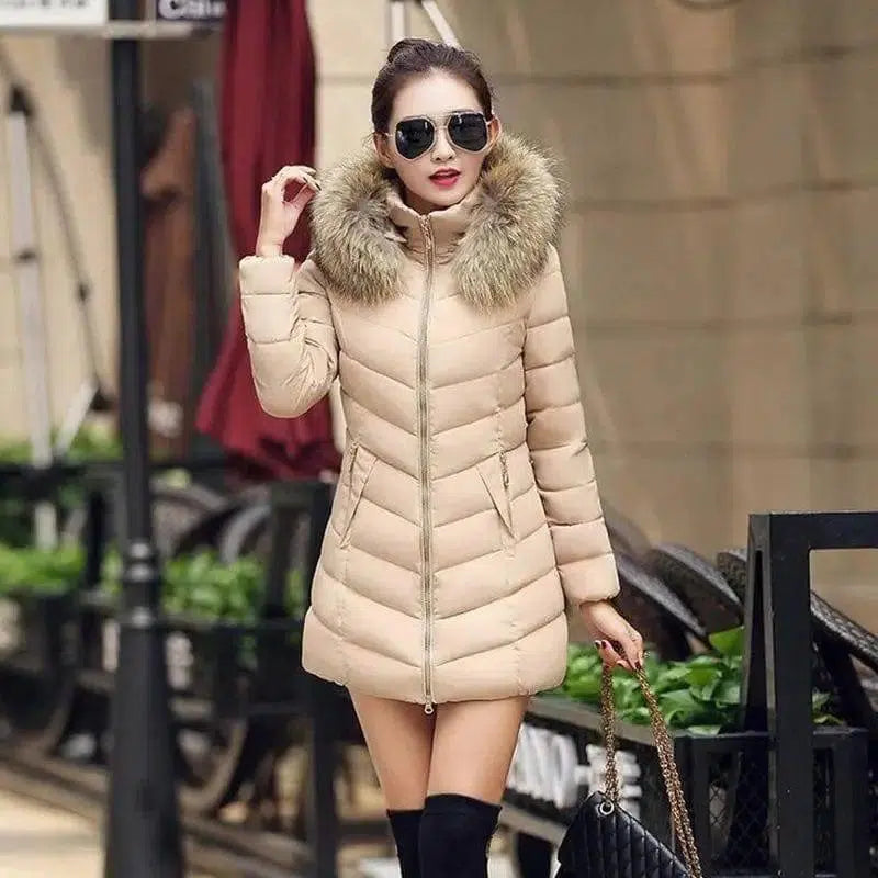 Mid-length slim cotton jacket large fur collar down jacket-Khaki-4