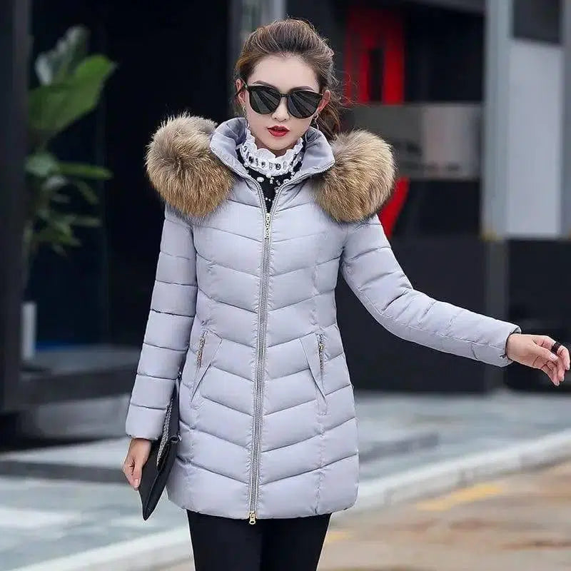 Mid-length slim cotton jacket large fur collar down jacket-Silver grey-5