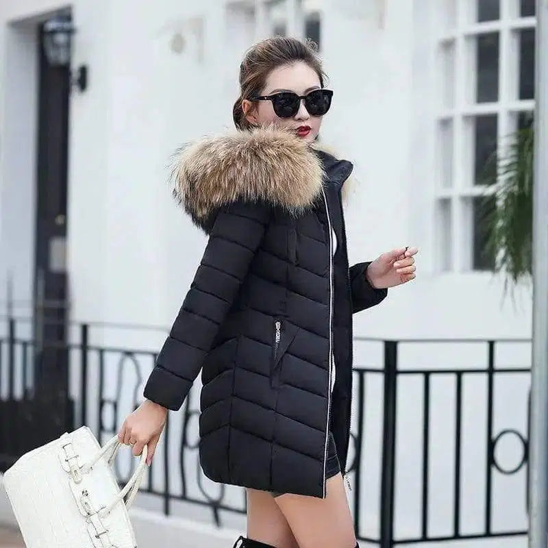 Mid-length slim cotton jacket large fur collar down jacket-black-6
