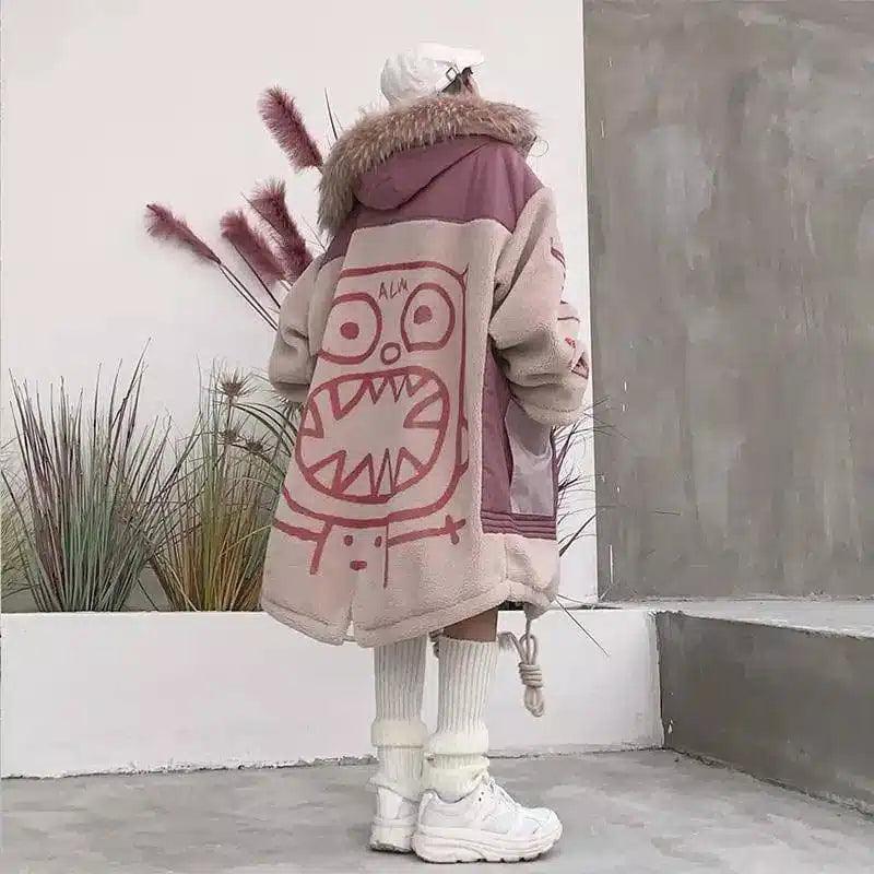 Mid-length stitched hooded jacket-Pink-1