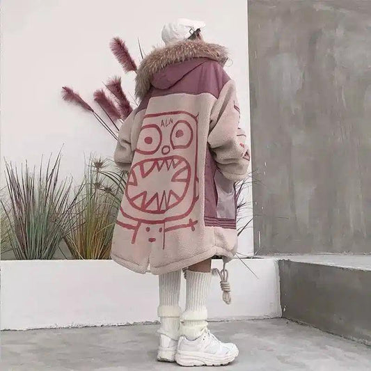 Mid-length stitched hooded jacket-Pink-1