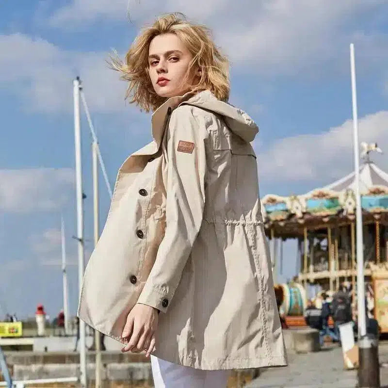 Women's Double-Breasted Trench Coat-Khaki-2