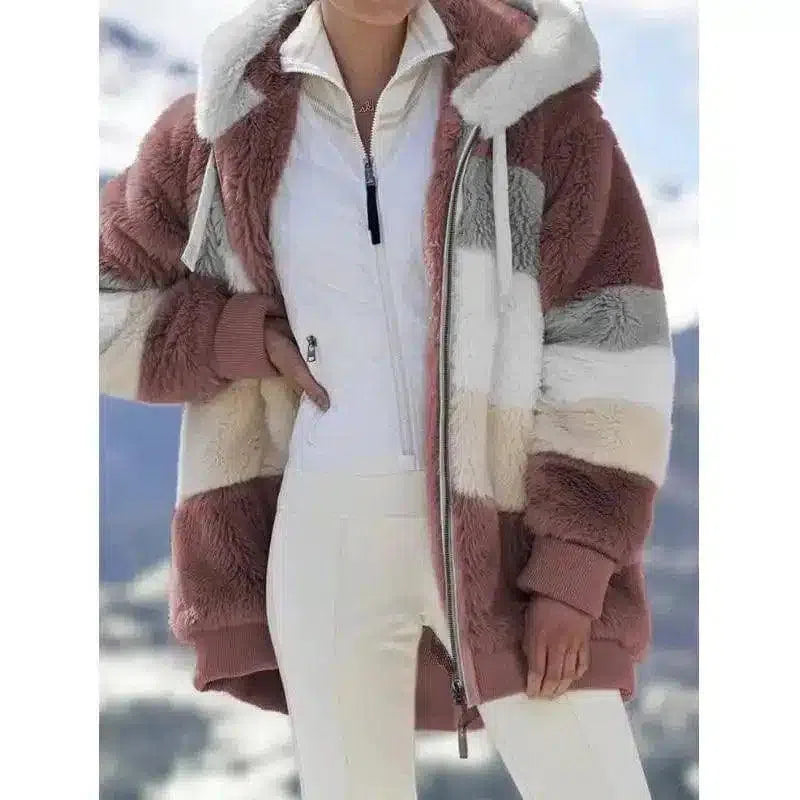 Women's Faux Fur Hooded Winter Coat-Red-4