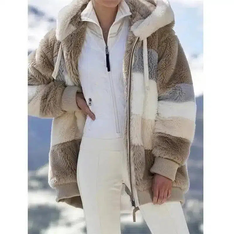 Women's Faux Fur Hooded Winter Coat-Khaki-5