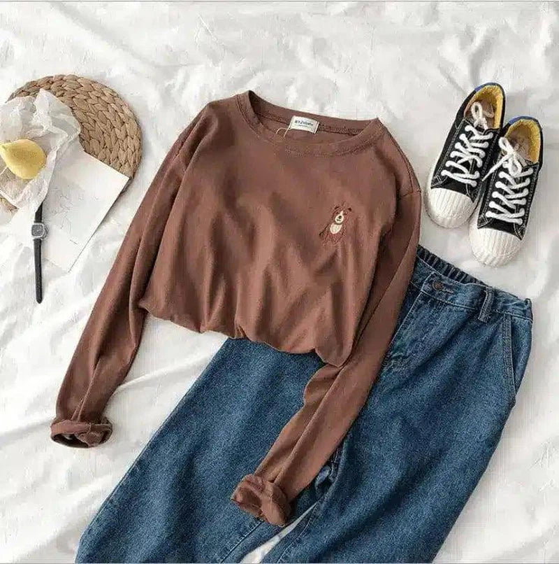 Net red animal embroidery round neck loose long-sleeved-Coffee-13