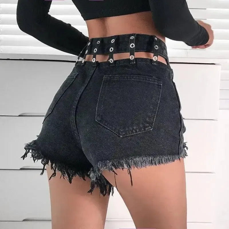 Old hairskin high waist cutout denim shorts-8