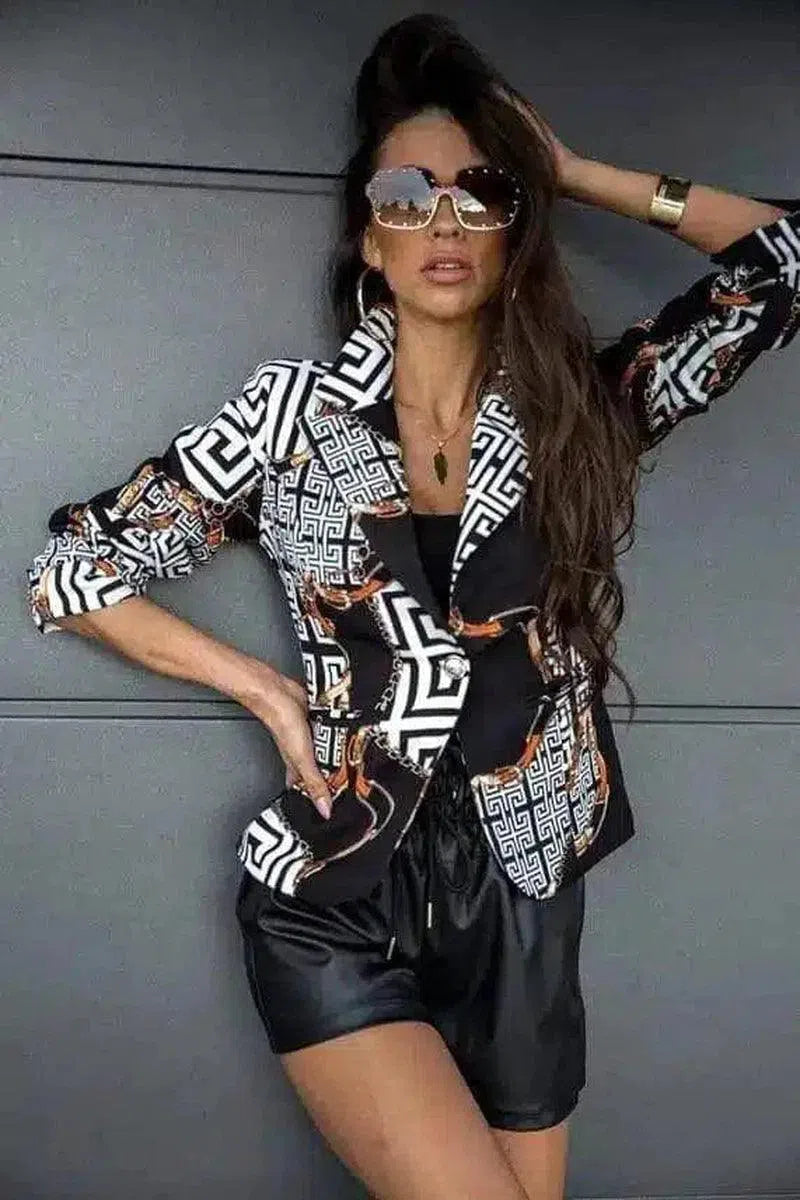 Women's Printed Blazer with Faux Leather Shorts-black and white-2