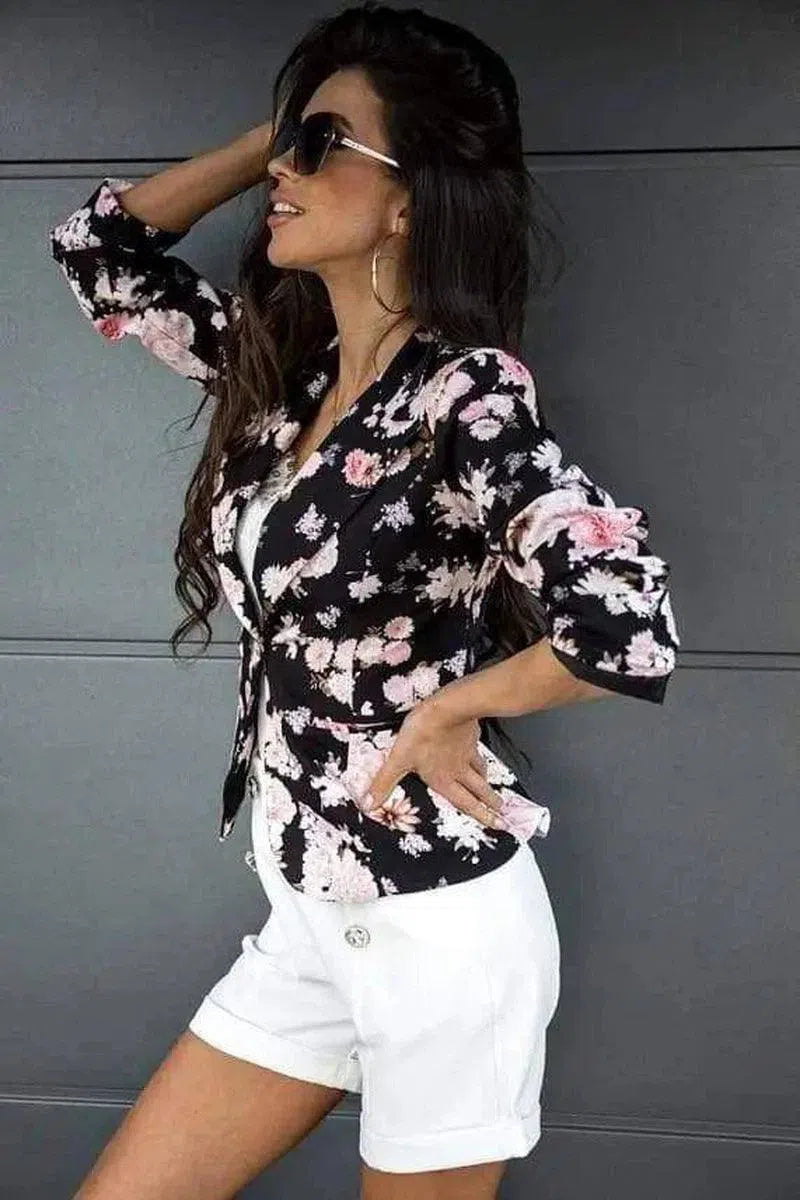 Women's Printed Blazer with Faux Leather Shorts-black flower-3