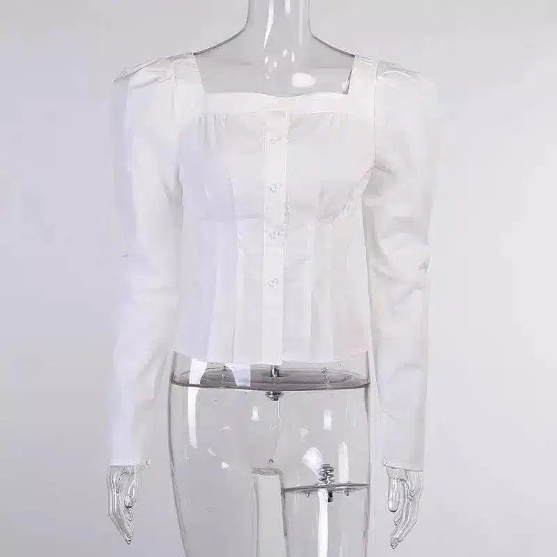 Puff Sleeve Square Neck Blouse-White-2