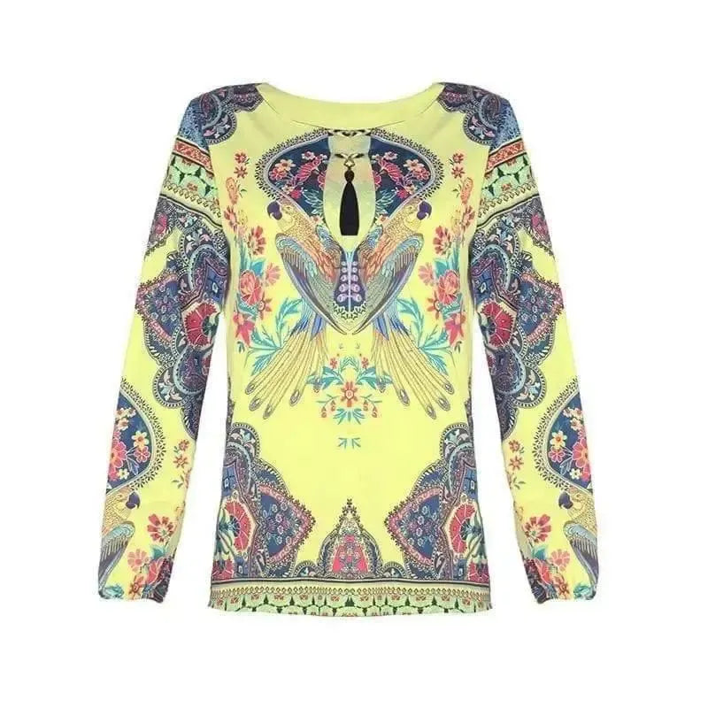 Personalized Print Round Neck Lantern Sleeve Shirt-Yellow-2