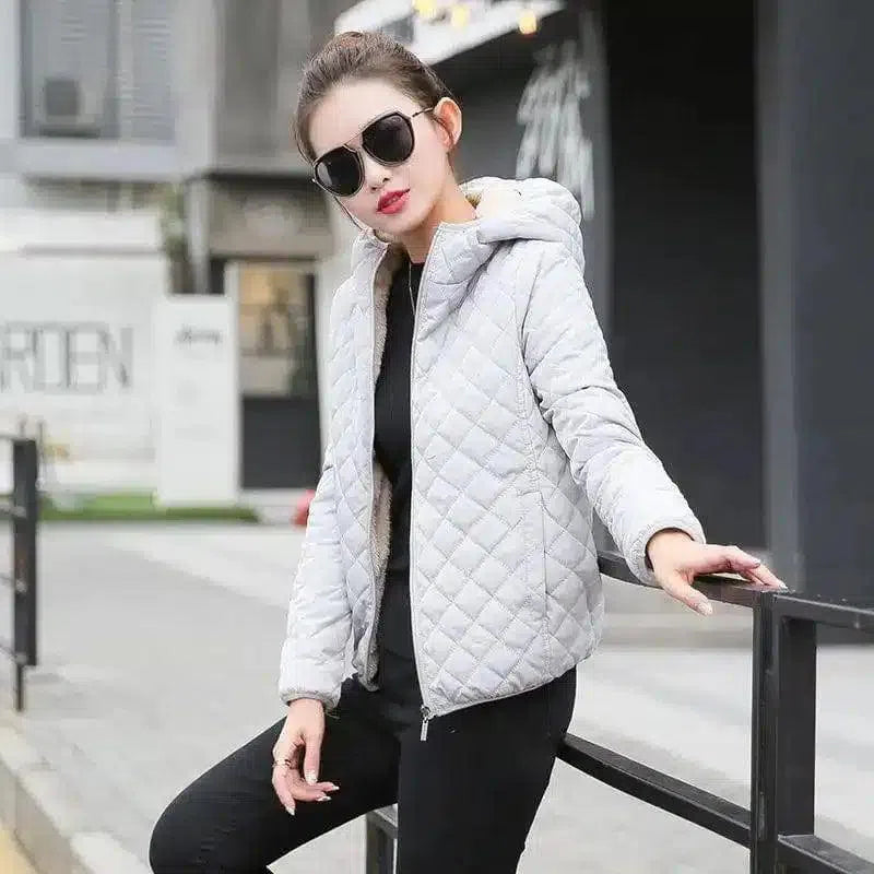 Warm Quilted Zip-Up Jacket with Fur Collar-gray-2