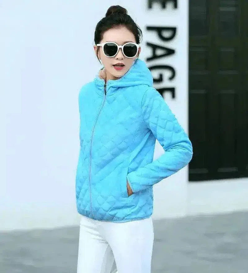 Warm Quilted Zip-Up Jacket with Fur Collar-Water blue-3
