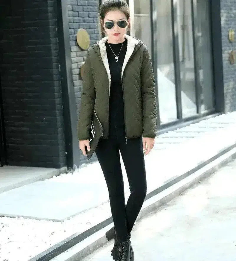 Warm Quilted Zip-Up Jacket with Fur Collar-Military green-5