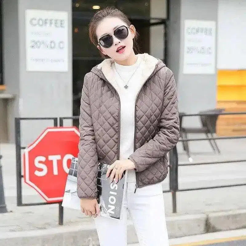 Warm Quilted Zip-Up Jacket with Fur Collar-Camel color-6