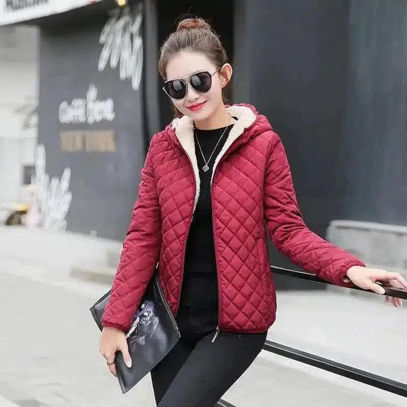 Warm Quilted Zip-Up Jacket with Fur Collar-Claret-7