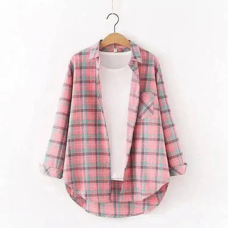 Plaid Cotton Casual Shirt with Pocket-Pink-2