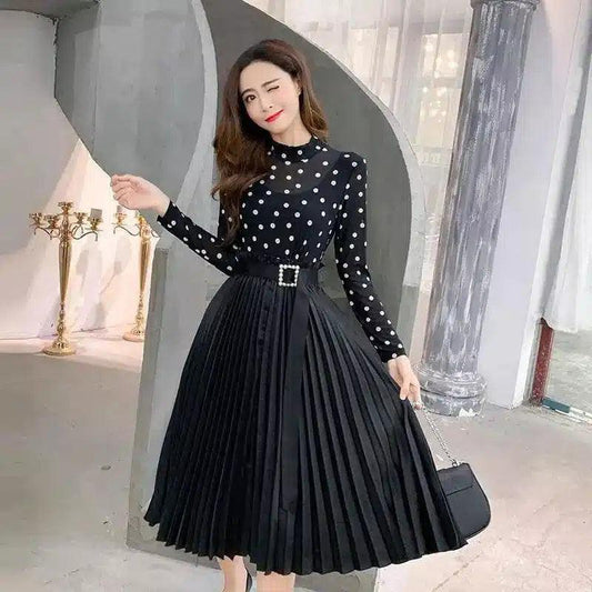 Polka Dot Pleated Midi Dress with Belt-Dots-1