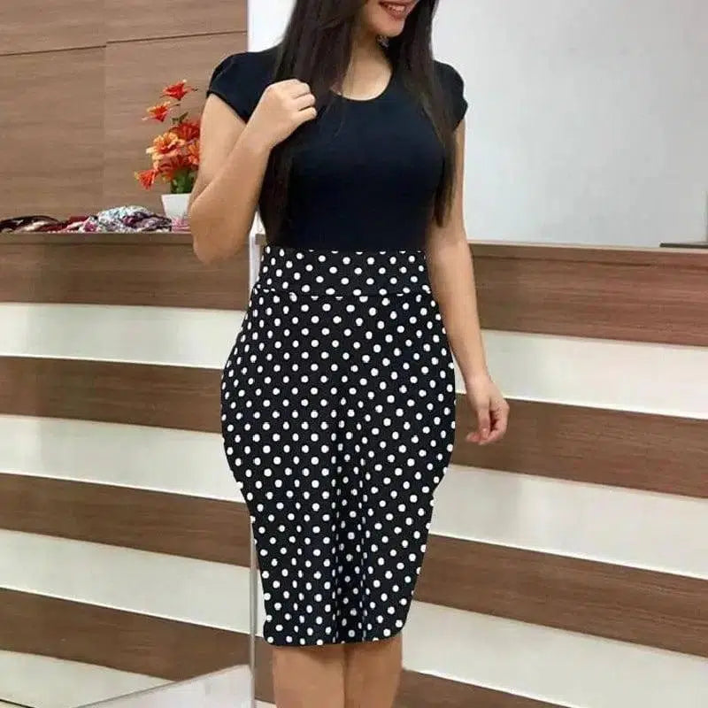Printed Office Midi Pencil Dress Large Women Dress-Black-11