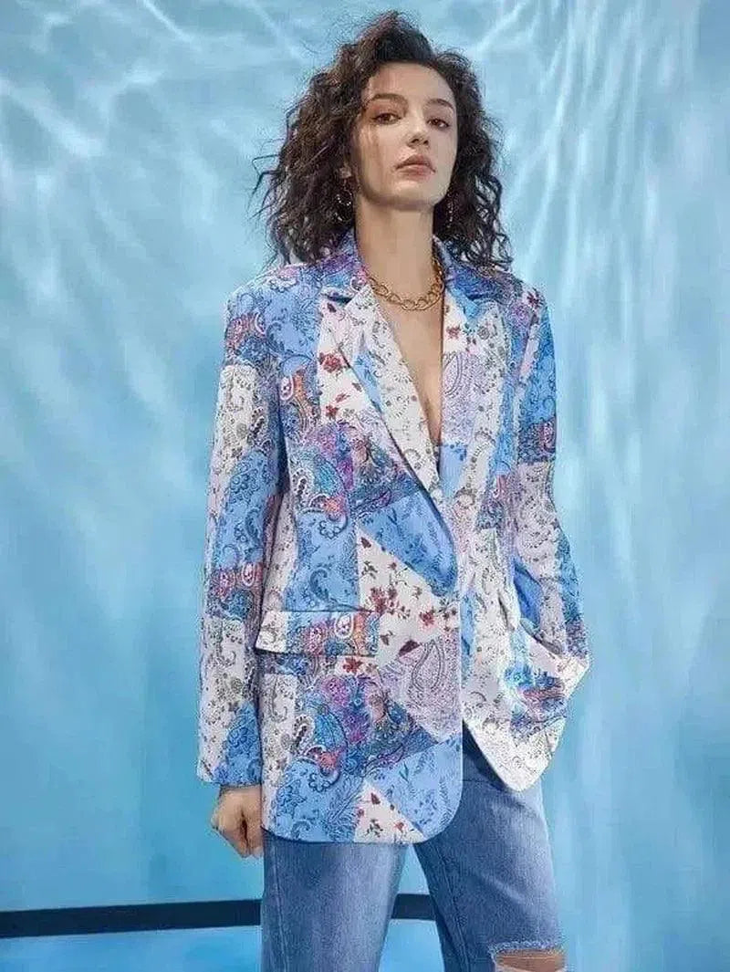 Women's Floral Blazer Casual Fit-Blue-2