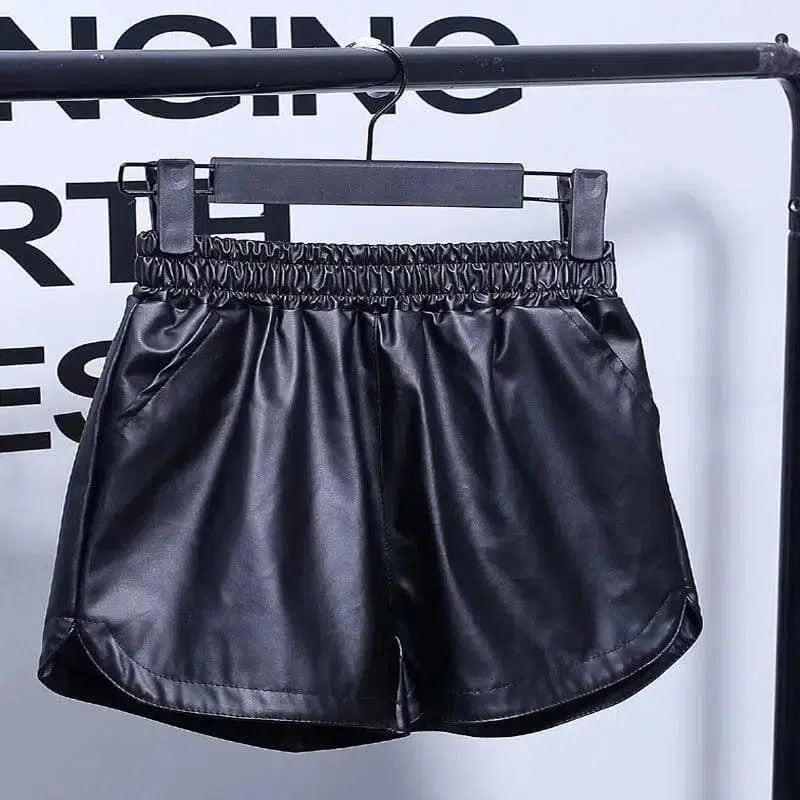 Pu leather pants thin velvet elastic high waist casual wide-black-16