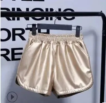 Pu leather pants thin velvet elastic high waist casual wide-Golden-17